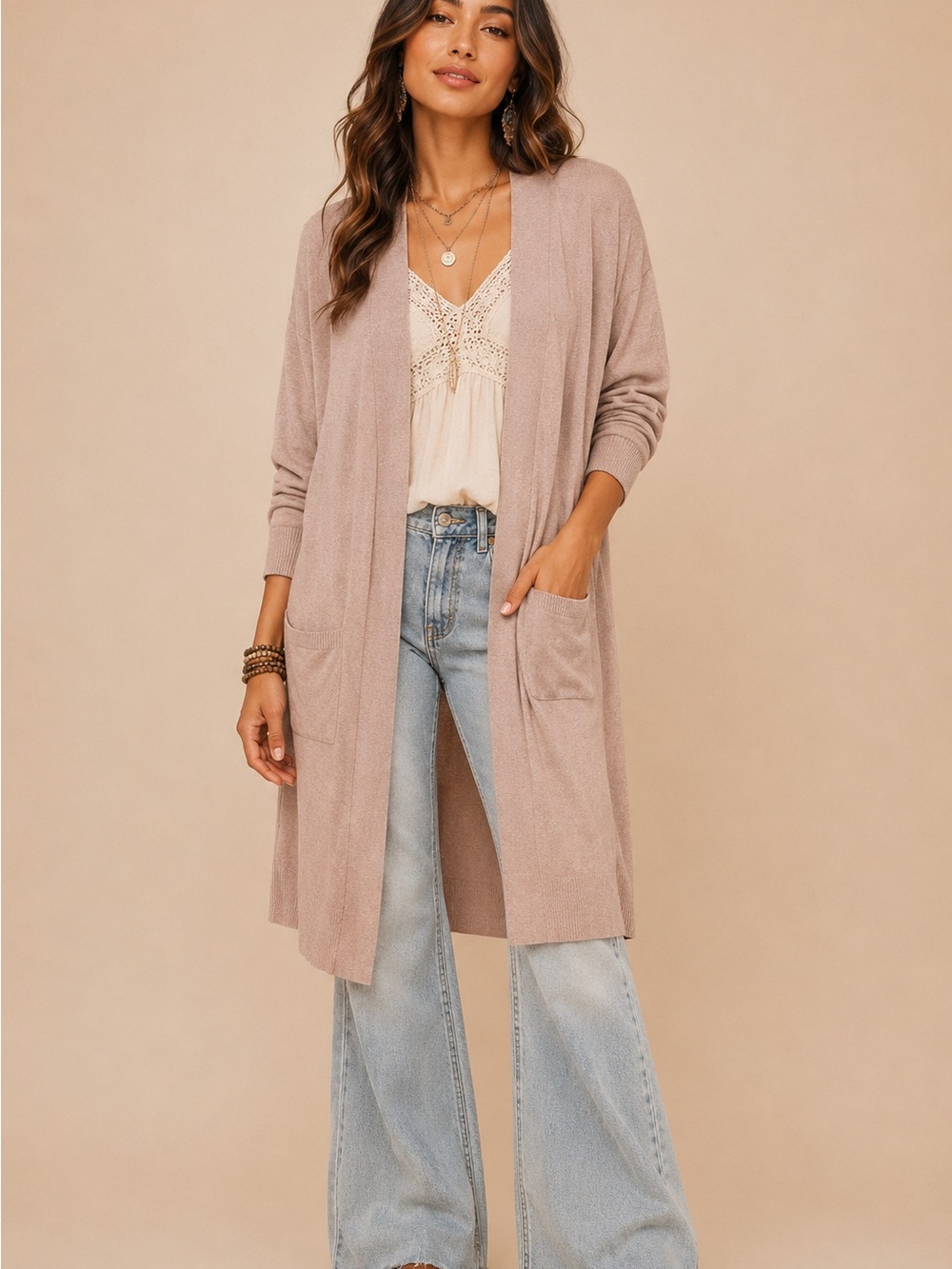 Luna Ivy Long Open-Front Lightweight Cardigan - Taupe Dusty Rose Boho
